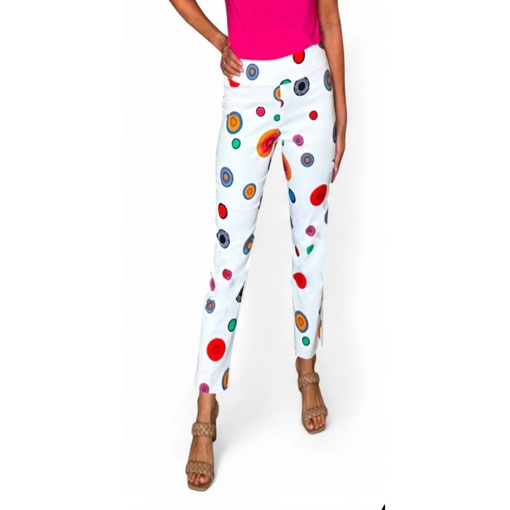 Krazy Larry Women's Ankle Pants 4 White Colorful Circles Geometric